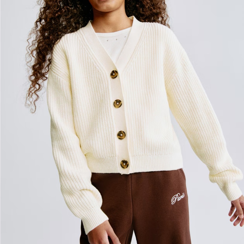 H&M Kid RIB-KNIT CARDIGAN in Cream - Size: 20 (14+)